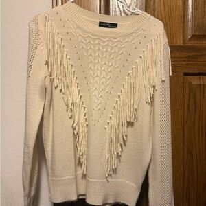Cream Sweater with Fringe Detail